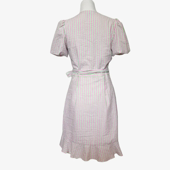 Draper James RSVP Size M Seersucker Puff Sleeve Pink, Green striped Wrap… - Picture 2 of 9